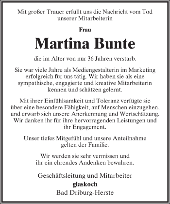 Anzeige  Martina Bunte  Lippische Landes-Zeitung
