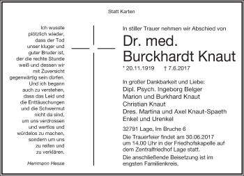 Anzeige  Burckhardt Knaut  Lippische Landes-Zeitung