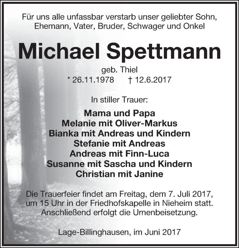  Traueranzeige für Michael Spettmann vom 28.06.2017 aus Lippische Landes-Zeitung