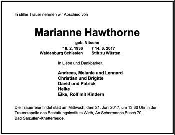 Anzeige  Marianne Hawthorne  Lippische Landes-Zeitung