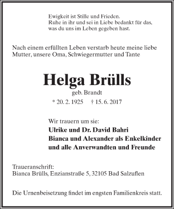 Anzeige  Helga Brülls  Lippische Landes-Zeitung