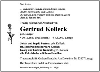 Anzeige  Gertrud Kolleck  Lippische Landes-Zeitung
