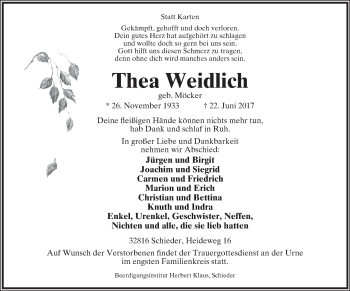 Anzeige  Thea Weidlich  Lippische Landes-Zeitung