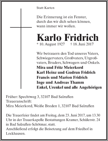 Anzeige  Karlo Fridrich  Lippische Landes-Zeitung