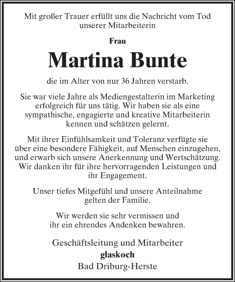  Traueranzeige für Martina Bunte vom 09.06.2017 aus Lippische Landes-Zeitung