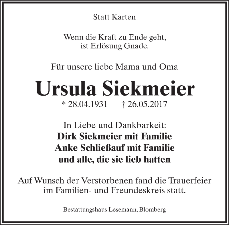  Traueranzeige für Ursula Siekmeier vom 17.06.2017 aus Lippische Landes-Zeitung