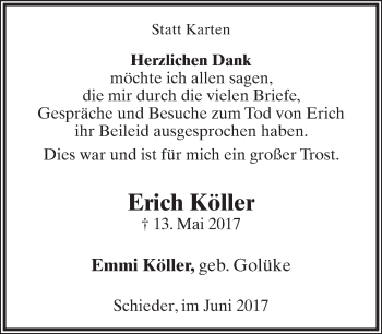 Anzeige  Erich Köller  Lippische Landes-Zeitung