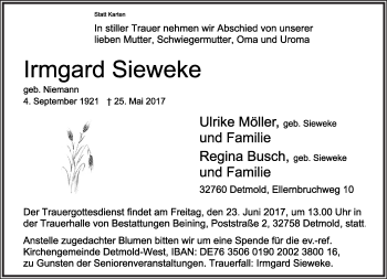 Anzeige  Irmgard Sieweke  Lippische Landes-Zeitung