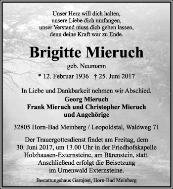 Anzeige  Brigitte Mieruch  Lippische Landes-Zeitung