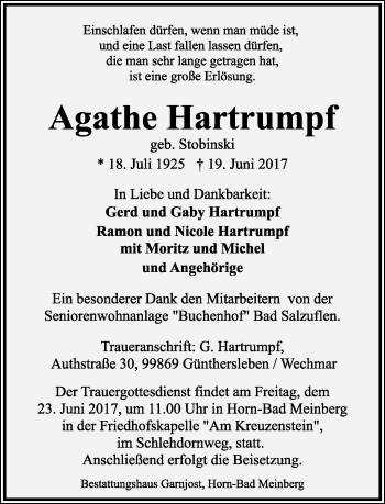 Anzeige  Agathe Hartrumpf  Lippische Landes-Zeitung