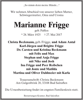 Anzeige  Marianne Frigge  Lippische Landes-Zeitung