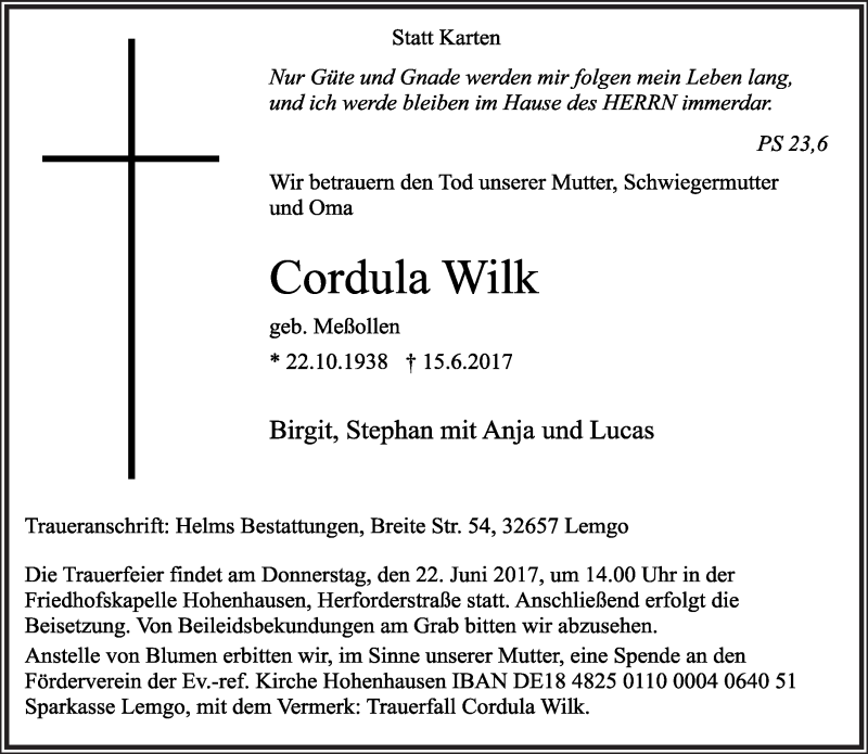  Traueranzeige für Cordula Wilk vom 17.06.2017 aus Lippische Landes-Zeitung