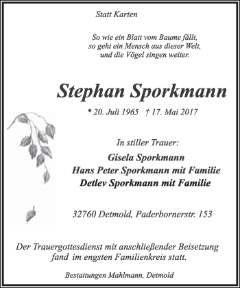 Anzeige  Stephan Sporkmann  Lippische Landes-Zeitung