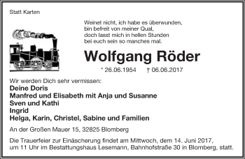 Anzeige  Wolfgang Röder  Lippische Landes-Zeitung
