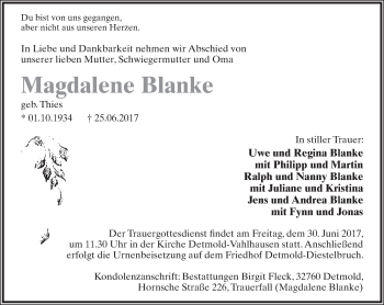 Anzeige  Magdalene Blanke  Lippische Landes-Zeitung