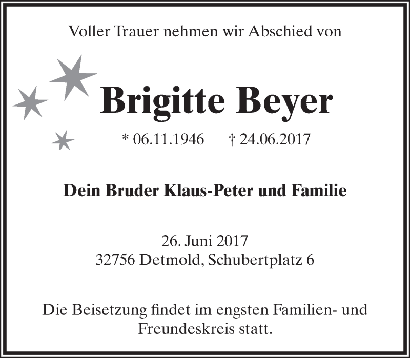  Traueranzeige für Brigitte Beyer vom 28.06.2017 aus Lippische Landes-Zeitung