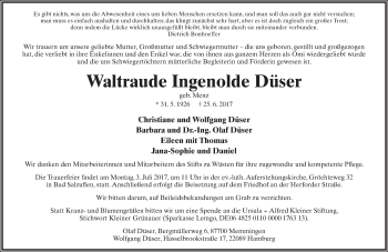 Anzeige  Waltraude Ingenolde Düser  Lippische Landes-Zeitung