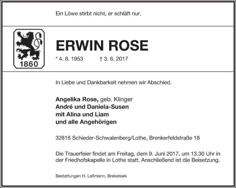  Traueranzeige für Erwin Rose vom 07.06.2017 aus Lippische Landes-Zeitung