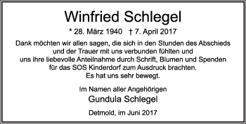 Anzeige  Winfried Schlegel  Lippische Landes-Zeitung