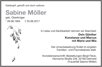 Anzeige  Sabine Möller  Lippische Landes-Zeitung
