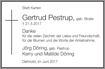Anzeige  Gertrud Pestrup  Lippische Landes-Zeitung