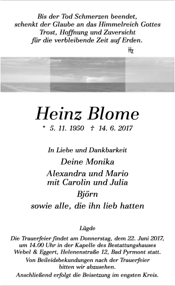 Anzeige  Heinz Blome  Lippische Landes-Zeitung