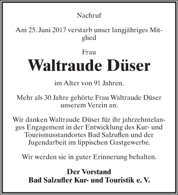 Anzeige  Waltraude Ingenolde Düser  Lippische Landes-Zeitung
