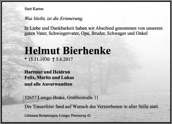 Anzeige  Helmut Bierhenke  Lippische Landes-Zeitung