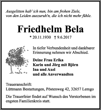 Anzeige  Friedhelm Bela  Lippische Landes-Zeitung