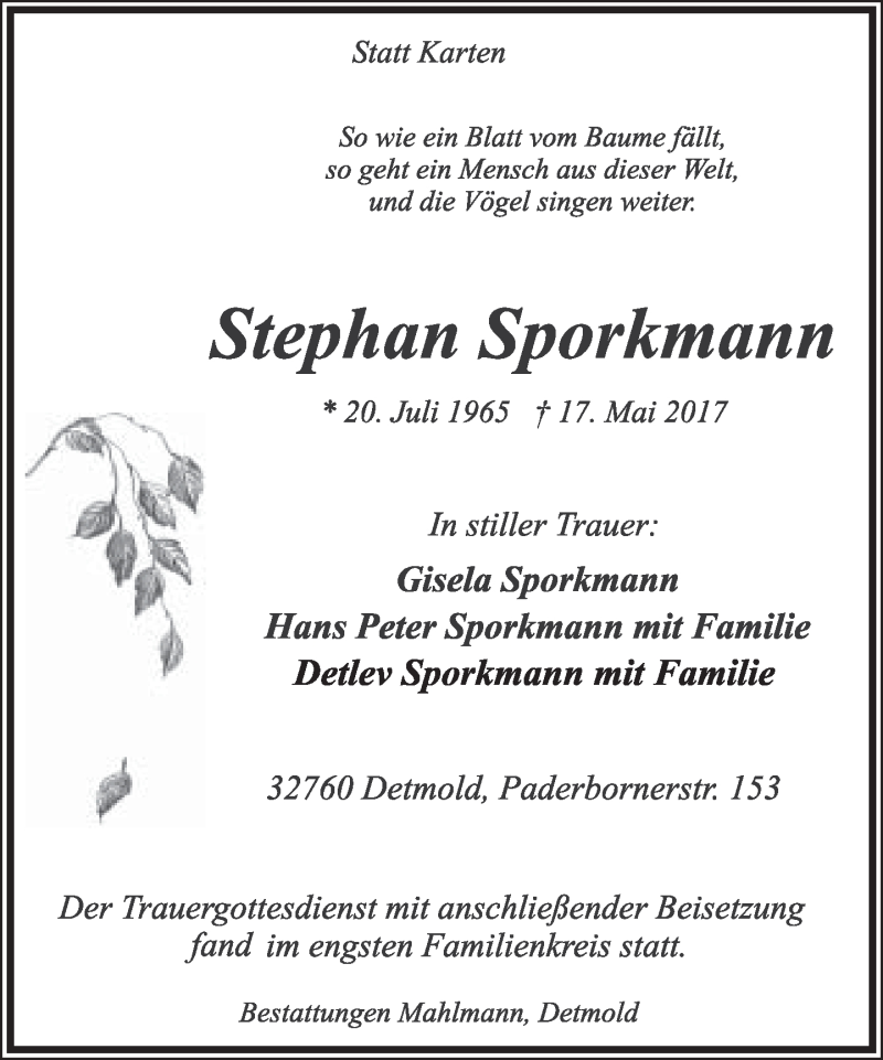  Traueranzeige für Stephan Sporkmann vom 03.06.2017 aus Lippische Landes-Zeitung