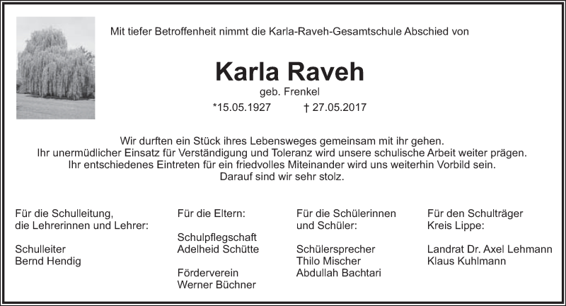  Traueranzeige für Karla Raveh vom 01.06.2017 aus Lippische Landes-Zeitung