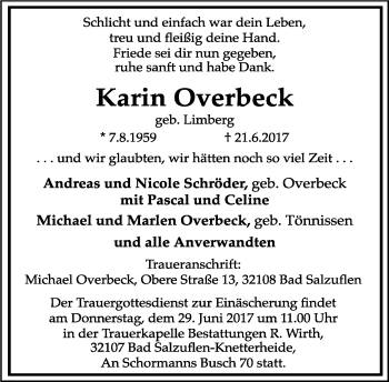 Anzeige  Karin Overbeck  Lippische Landes-Zeitung