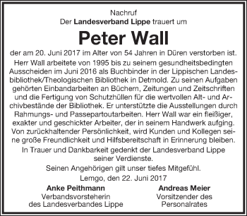 Anzeige  Peter Wall  Lippische Landes-Zeitung