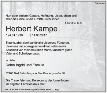 Anzeige  Herbert Kampe  Lippische Landes-Zeitung