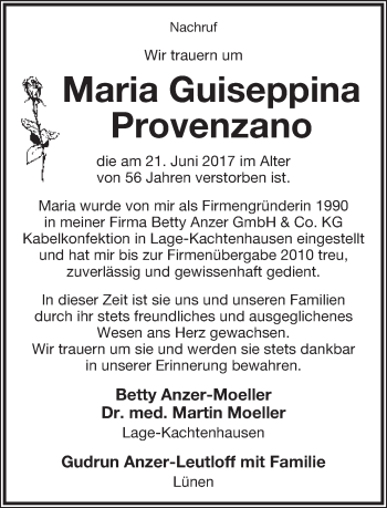 Anzeige  Maria Guiseppina Provenzano  Lippische Landes-Zeitung