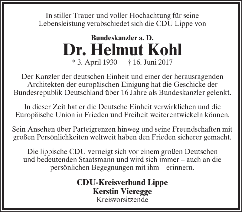 Traueranzeige für Helmut Kohl vom 20.06.2017 aus Lippische Landes-Zeitung