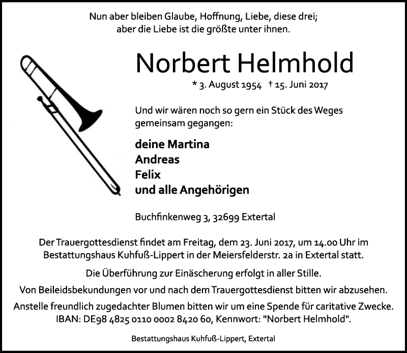  Traueranzeige für Norbert Helmhold vom 21.06.2017 aus Lippische Landes-Zeitung