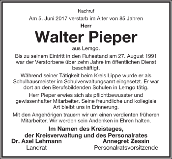 Anzeige  Walter Pieper  Lippische Landes-Zeitung