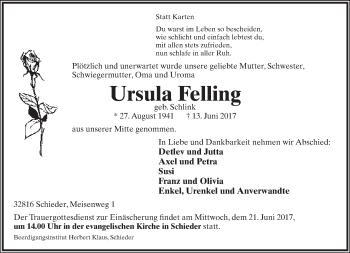 Anzeige  Ursula Felling  Lippische Landes-Zeitung
