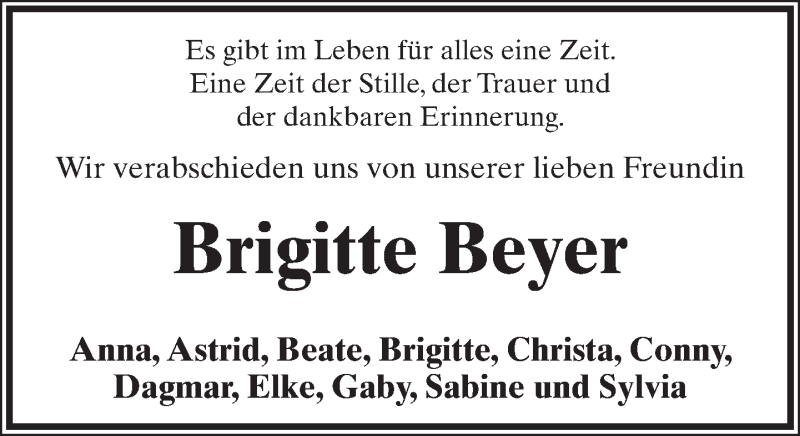  Traueranzeige für Brigitte Beyer vom 29.06.2017 aus Lippische Landes-Zeitung