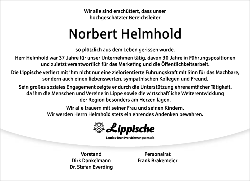  Traueranzeige für Norbert Helmhold vom 22.06.2017 aus Lippische Landes-Zeitung