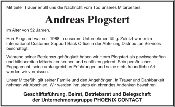 Anzeige  Andreas Plogstert  Lippische Landes-Zeitung