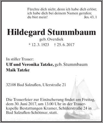 Anzeige  Hildegarad Stummbaum  Lippische Landes-Zeitung