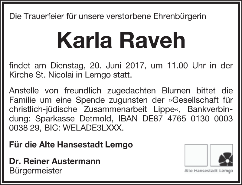  Traueranzeige für Karla Raveh vom 13.06.2017 aus Lippische Landes-Zeitung