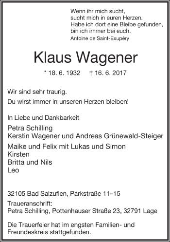 Anzeige  Klaus Wagener  Lippische Landes-Zeitung