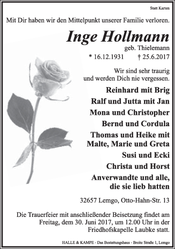 Anzeige  Inge Hollmann  Lippische Landes-Zeitung