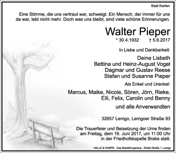 Anzeige  Walter Pieper  Lippische Landes-Zeitung