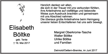 Anzeige  Elisabeth Böltke  Lippische Landes-Zeitung