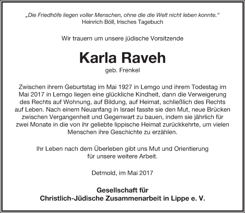  Traueranzeige für Karla Raveh vom 03.06.2017 aus Lippische Landes-Zeitung