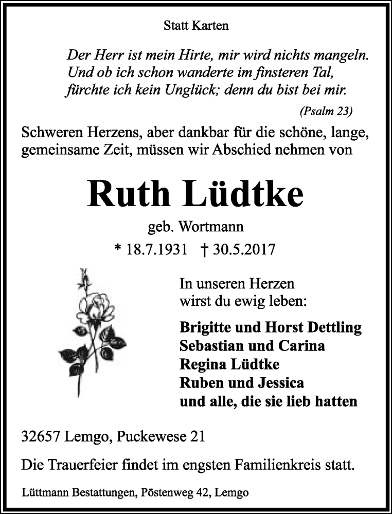  Traueranzeige für Ruth Lüdtke vom 03.06.2017 aus Lippische Landes-Zeitung